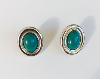 90s Oval Turquoise and Silver Toned Pierced Earrings