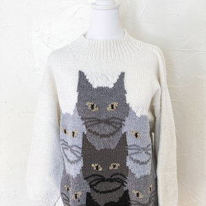 80s Amazing Cat Hand Knit Sweater with Tails on Back in White Black Gray Metallic Gold Large/Extra Large image 3