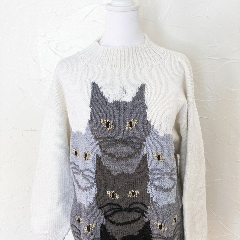 80s Amazing Cat Hand Knit Sweater with Tails on Back in White Black Gray Metallic Gold Large/Extra Large image 3