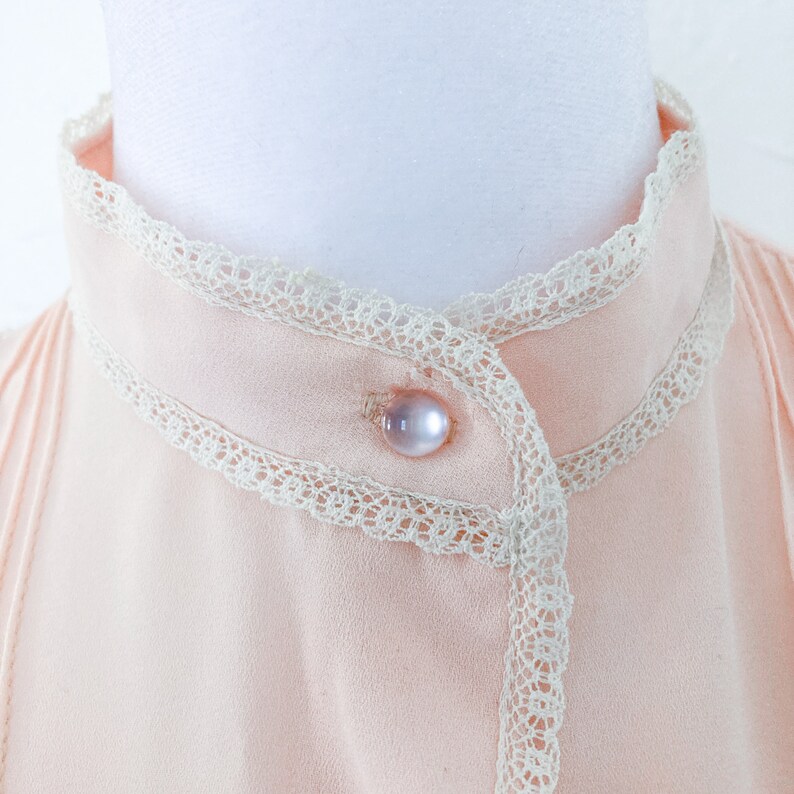 70s Victorian Inspired Light Peach Pink Lace Mock Collar Blouse Medium image 6