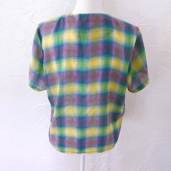 80s Sheer Chiffon Plaid Blouse with Buttons | Lar… - image 2