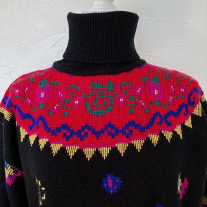 90s Black Colorful Bold Floral Turtleneck Sweater Medium/Large image 3