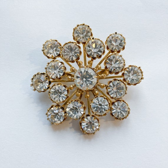 50s Glam Clear Rhinestone Sunburst/Snowflake Broo… - image 1
