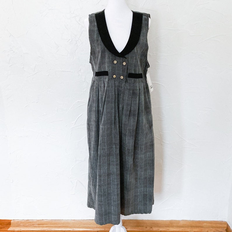 80s/90s Deadstock Gray Plaid Corduroy Black Collared Pinafore Midi Dress Medium/Large image 1