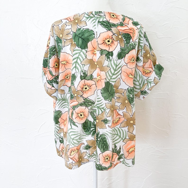 80s Tropical White Green Orange Yellow Floral Blouse 1X/2X image 2