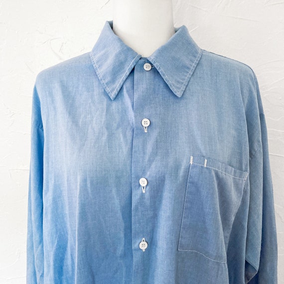 60s/70s Light Blue Chambray Collared Button Down … - image 3