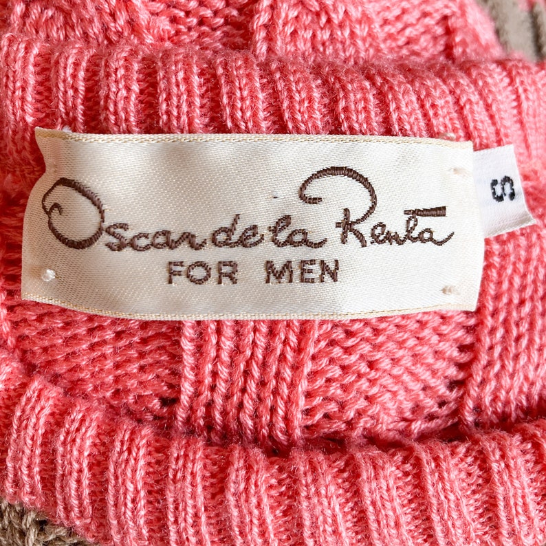 80s Designer Oscar de la Renta Coral Pink and Tan Striped Cable Knit Pullover Sweater Medium/Large image 10