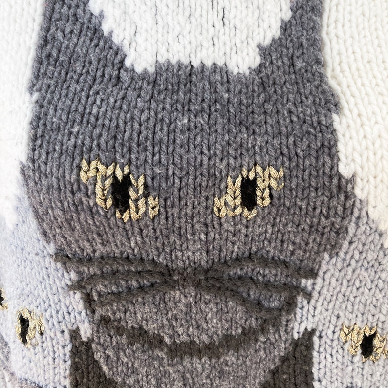 80s Amazing Cat Hand Knit Sweater with Tails on Back in White Black Gray Metallic Gold Large/Extra Large image 10