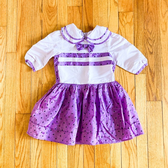 50s/60s Kids Taffeta Purple and Black Polka Dot P… - image 1