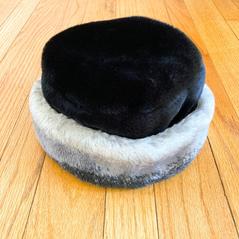 80s Black and Gray Faux Fur Folded Cuff Hat One Size image 2