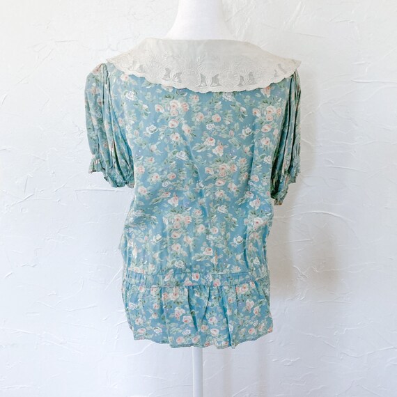 80s/90s Light Blue Green Floral Rayon Peplum Butt… - image 2