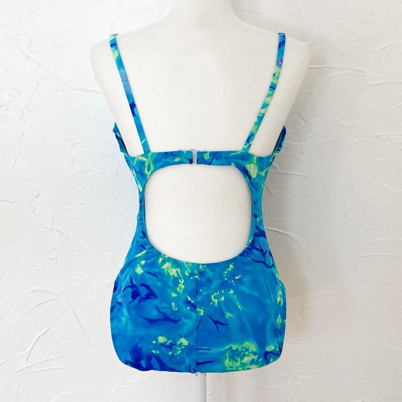 80s Green Blue Turquoise Swirl Tie Dye One Piece High Cut Swimsuit Medium/Large image 2