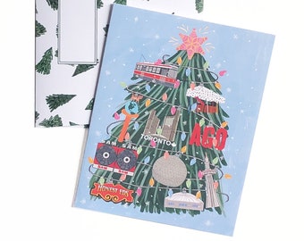 Christmas Cards Box Set of 8 Cards|Holiday Cards|Christmas Cards|Happy Holidays Toronto Greeting Card|Pine Tree Patterns Envelope