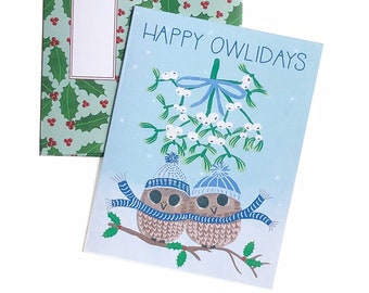 Christmas Cards | Happy Holidays Cards | Happy Owlidays Greeting Card | Pine Tree Pattern Envelope | Boxed Cards | Christmas Cards Box Set