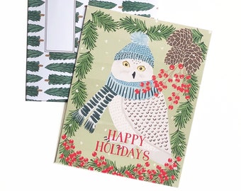 Christmas Cards | Happy Holidays Cards|Snowy Owl Happy Holidays Greeting Card|Pine Tree Pattern Envelope|Boxed Cards|Christmas Cards Box Set