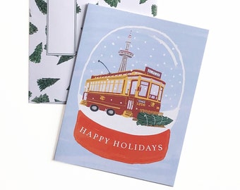 Christmas Cards Box Set of 8 Cards|Holiday Cards|Christmas Cards|Holidays Vintage Streetcar Greeting Card|Pine Trees Pattern Envelope
