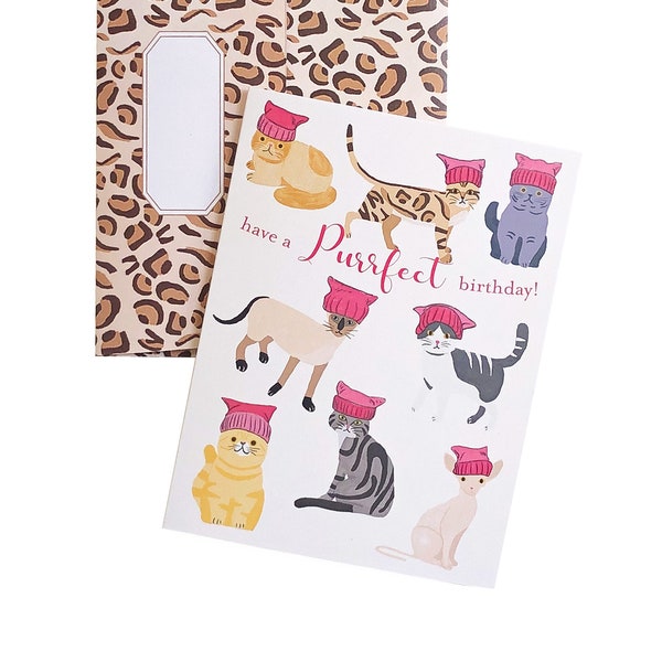 Birthday Greeting Card | Have a Purrfect Birthday | Cats Greeting Card | Pussyhat Cat Birthday Card | Leopard Print Pattern Envelope