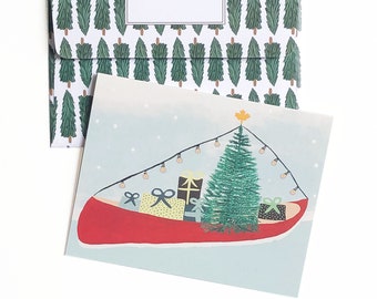 Christmas Cards | Happy Holidays Cards | Holiday Canoe Greeting Card | Pine Tree Pattern Envelope | Boxed Cards | Christmas Cards Box Set