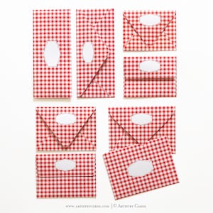 Gingham rouge | Enveloppes et doublures | 10 dans chaque pack | Les tailles sont disponibles en enveloppes à motifs A2, A6, A7 et #10 | Style euro et rabat carré