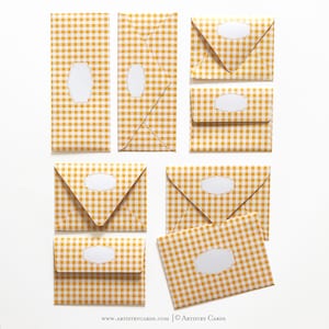 Yellow Gingham | Envelopes & Liners | 10 in each pack | Sizes come in A2, A6, A7 and #10 patterned envelopes | Euro and square flap style