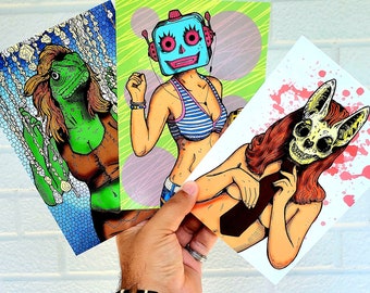 Art prints - Sexy Robot Babe, Lizzy Shue, Skeletina - full color 5x7 comic style illustrations of model babes from Pocket Thoughts zines