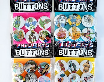 Pocket Thoughts Buttons - zinester badges and pins with cute comic style art and punk illustration from my indie underground zines