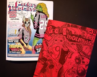 Pocket Thoughts #25 - special anniversary zine with art, rants, a quiz, comix, humor, board game, interview,  fake ads, playlist, and more!