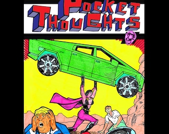 Pocket Thoughts #38 - superhero zine done in the style of classic 80s and 90s comics with Action 1 homage cover