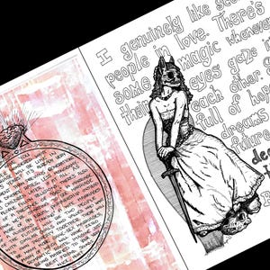 Może przedstawiać: Czarno-biała ilustracja postaci z czaszką na twarzy, ubranej w suknię i trzymającej miecz. Tekst zawiera frazy o miłości i małżeństwie, takie jak "Naprawdę lubię ludzi zakochanych."