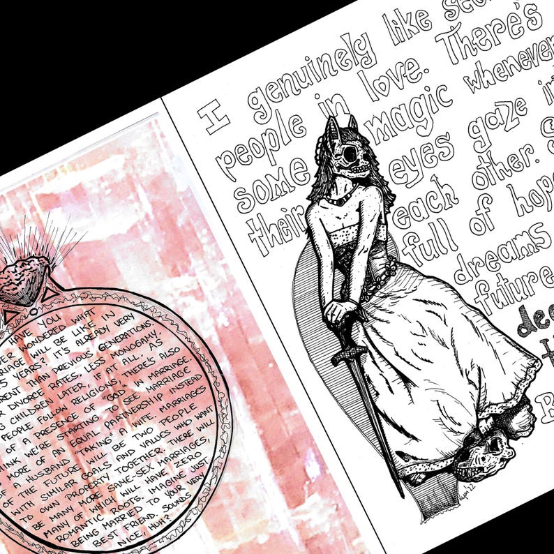Może przedstawiać: Czarno-biała ilustracja postaci z czaszką na twarzy, ubranej w suknię i trzymającej miecz. Tekst zawiera frazy o miłości i małżeństwie, takie jak "Naprawdę lubię ludzi zakochanych."