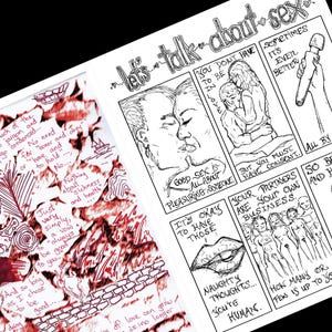 Może przedstawiać: Czarno-biały komiks zatytułowany "let's talk about sex". Ilustracje przedstawiają pary i r&oacute;żne sceny z dymkami. Frazy to m.in. "Good sex is all about pleasuring someone" i "Your partners are your own business."