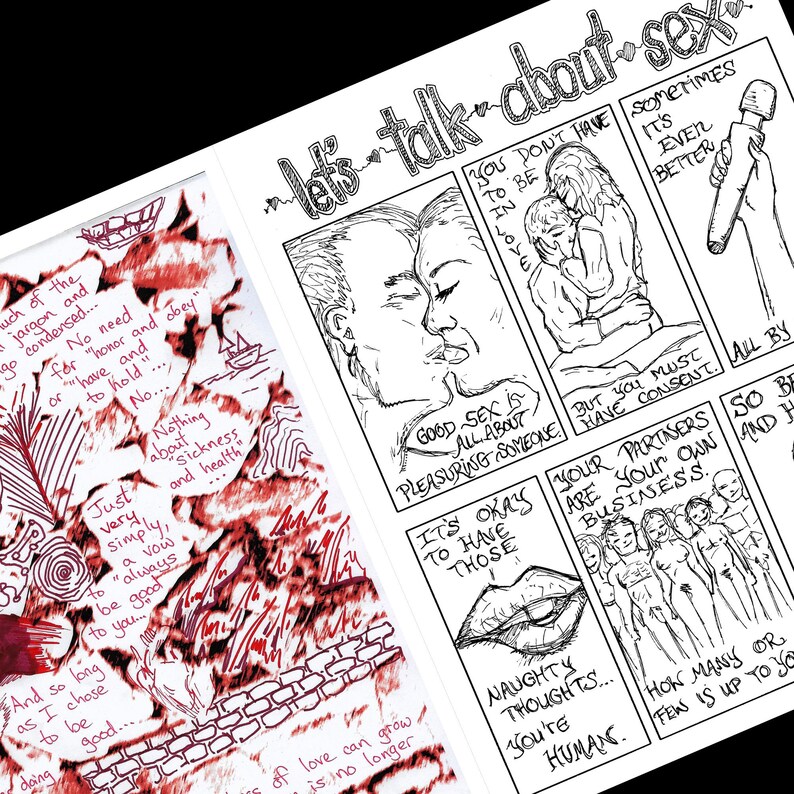 Może przedstawiać: Czarno-biały komiks zatytułowany "let's talk about sex". Ilustracje przedstawiają pary i r&oacute;żne sceny z dymkami. Frazy to m.in. "Good sex is all about pleasuring someone" i "Your partners are your own business."