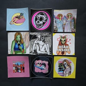 Stickers - 3 inch round decals featuring Pocket Thoughts zine art and illustrations