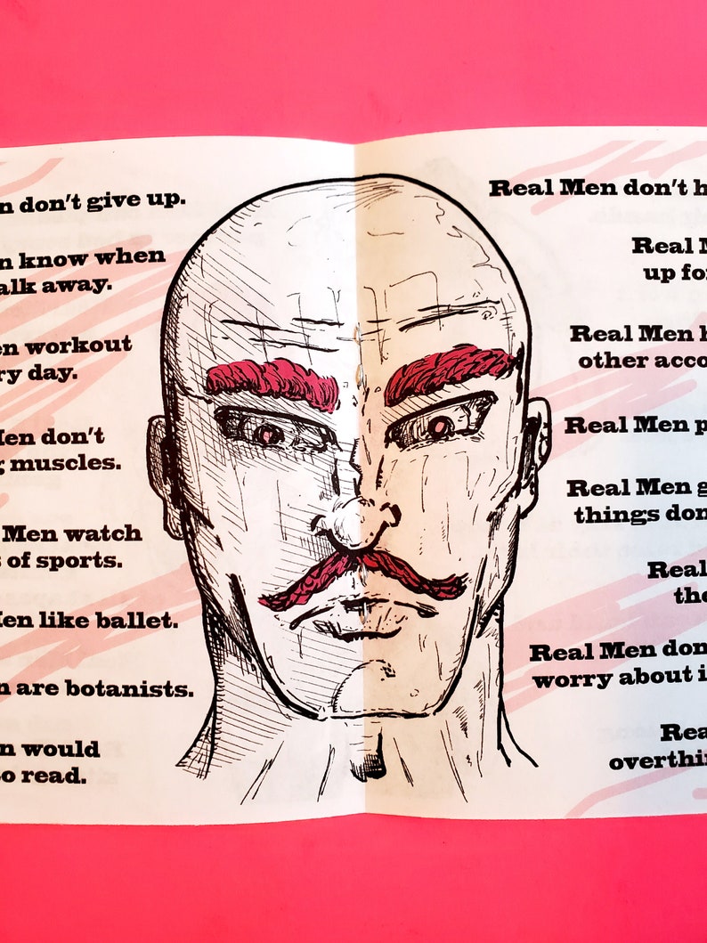 Real Men Wear Pink a Pocket Thoughts zine of positive affirmations, ideas, & thoughts about inclusivity in masculinity w/ comic style art image 3