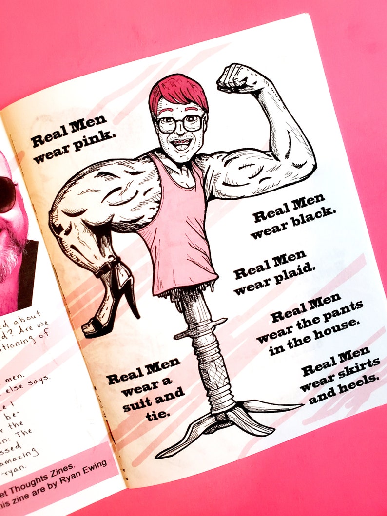 Real Men Wear Pink a Pocket Thoughts zine of positive affirmations, ideas, & thoughts about inclusivity in masculinity w/ comic style art image 2