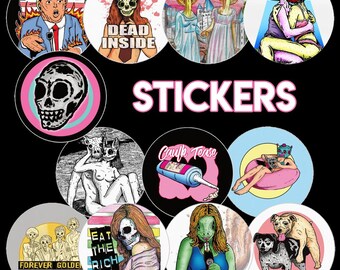Stickers - 3 inch round decals featuring Pocket Thoughts zine art and illustrations