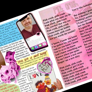 Może przedstawiać: Kolaż z telefonem z profilem aplikacji randkowej, r&oacute;żowym psem-szkieletem, rysunkiem w kształcie serca i tekstami o "Pink Crush". Obraz ma r&oacute;żową i białą kolorystykę.