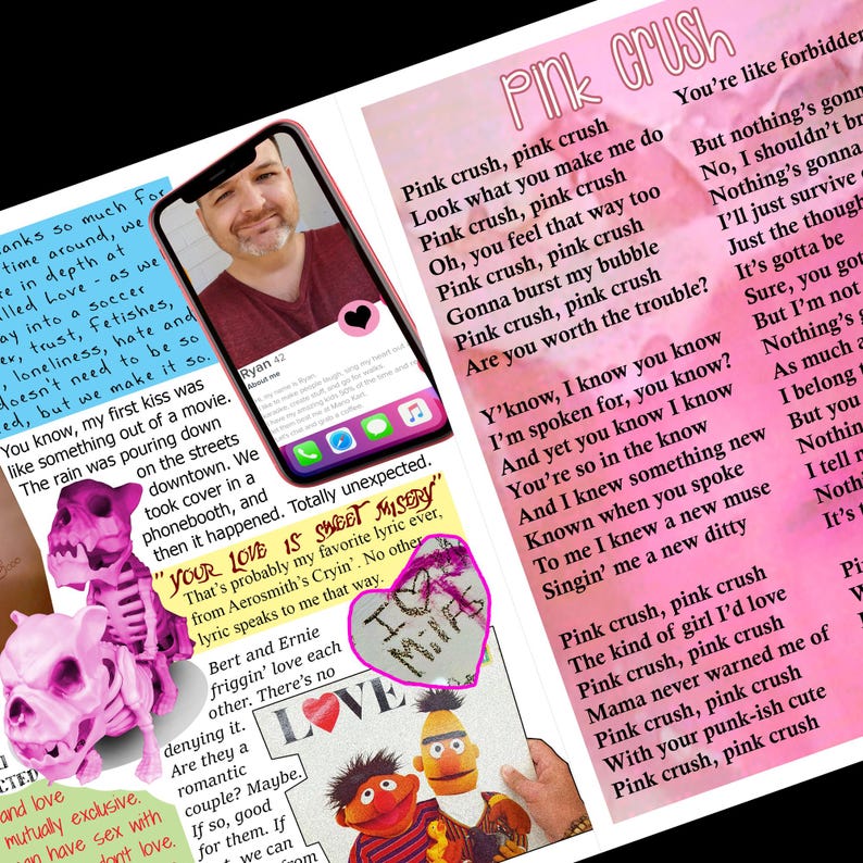 Może przedstawiać: Kolaż z telefonem z profilem aplikacji randkowej, r&oacute;żowym psem-szkieletem, rysunkiem w kształcie serca i tekstami o "Pink Crush". Obraz ma r&oacute;żową i białą kolorystykę.