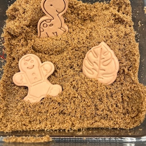 Puede incluir: Primer plano de un recipiente de azúcar moreno con tres cortadores de galletas: un dinosaurio, un hombre de jengibre y una hoja. Los cortadores de galletas están hechos de un material marrón claro.