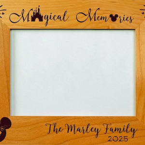 May include: A wooden picture frame with a Mickey Mouse silhouette and the text "Magical Memories" and "The Marley Family 2025".