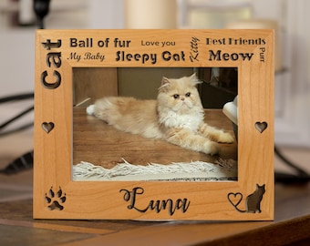 Cat, Personalized Picture Frame, Laser Engraved for a 5x7 Photo, Custom Gift, FAST AND FREE Shipping