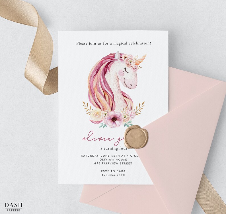 pink unicorn birthday invitation