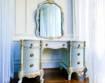 Painted and Embellished Blue Vanity, Mirror and Bench, Antique Victorian  Vanity, Dressing Table, Boudoir Furniture, Bridgerton Make up Table