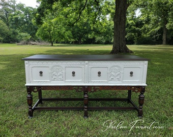 SOLD EXAMPLE! white and Wood tone Jacobean Buffet circa 1920's, Server table, credenza, tv console, breakfront, Shabby chic, distressing