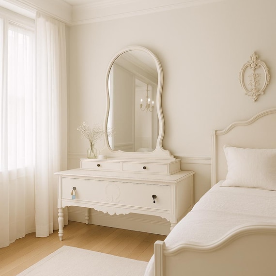 Vintage Jacobean Vanity with a Long Attached Mirror - Hand Painted White Farmhouse Console