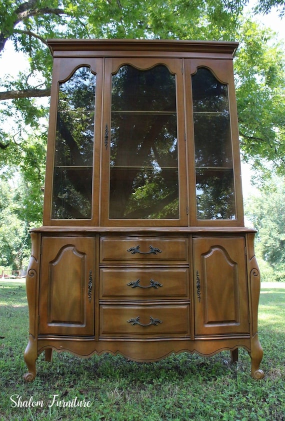 Vintage French Provincial Hutch / China Cabinet - Solid Wood, Light Brown Finish, Original Hardware