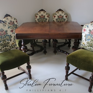 Antique Jacobean Table / Beautiful Detailing and 6 Floral Pattern Forest Green Chairs, Including a Captain's Chair and Small Leaf Extension