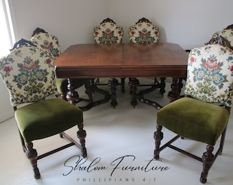 Antique Jacobean Table / Beautiful Detailing and 6 Floral Pattern Forest Green Chairs, Including a Captain's Chair and Small Leaf Extension