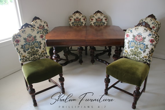 Antique Jacobean Table / Beautiful Detailing and 6 Floral Pattern Forest Green Chairs, Including a Captain's Chair and Small Leaf Extension
