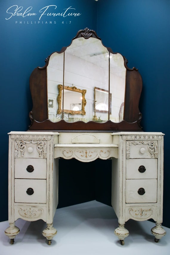 Exquisite Antique Jacobean Vanity with Distressed Off-White Crackle Finish and Original Knobs and Mirror